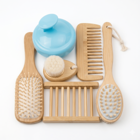 Bath Essentials 6-Piece Eco-Friendly Bamboo Spa Gift Set - Includes Facial & Body Massage Brush, Detangling Hairbrush, Comb