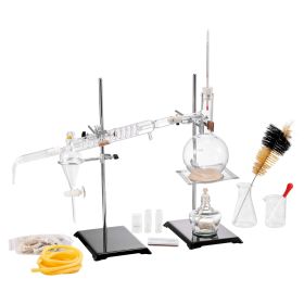 Essential Oil Distillation Kit, 500ml Distillation Apparatus, 3.3 Boro Lab Glassware Distillation Kit with Alcohol Lamp, Ceramic Mesh and 24, 40 Joint