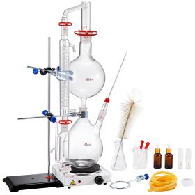Essential Oil Distillation Kit, 2000ml Distillation Apparatus, 3.3 Boro Lab Glassware Distillation Kit with 1000W Heating Plate and 24, 40 Joint