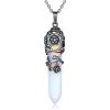 1pc Hexagonal Healing Synthetic Crystal Necklace Natural Prism Stone Pendant Flower Wrapped Pointed Quartz Yoga Energy With Chain