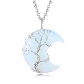 Tree of Life Wire Wrapped Crescent Moon Pendant Necklace;  Crystal Stone Necklaces (Color: Blue)