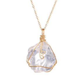 Natural Gemstone Necklace Chakra Stone Pendant Energy Healing Crystal with Chain (Color: White Quartz)