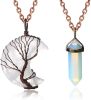 2Pcs Tree of Life Crescent Moon Necklace Hexagonal Natural Quartz Stone Pendant Healing Wire Wrap Gemstone Necklace Crystal Pendant Gift for Women