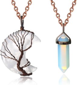 2Pcs Tree of Life Crescent Moon Necklace Hexagonal Natural Quartz Stone Pendant Healing Wire Wrap Gemstone Necklace Crystal Pendant Gift for Women (Default: Default)